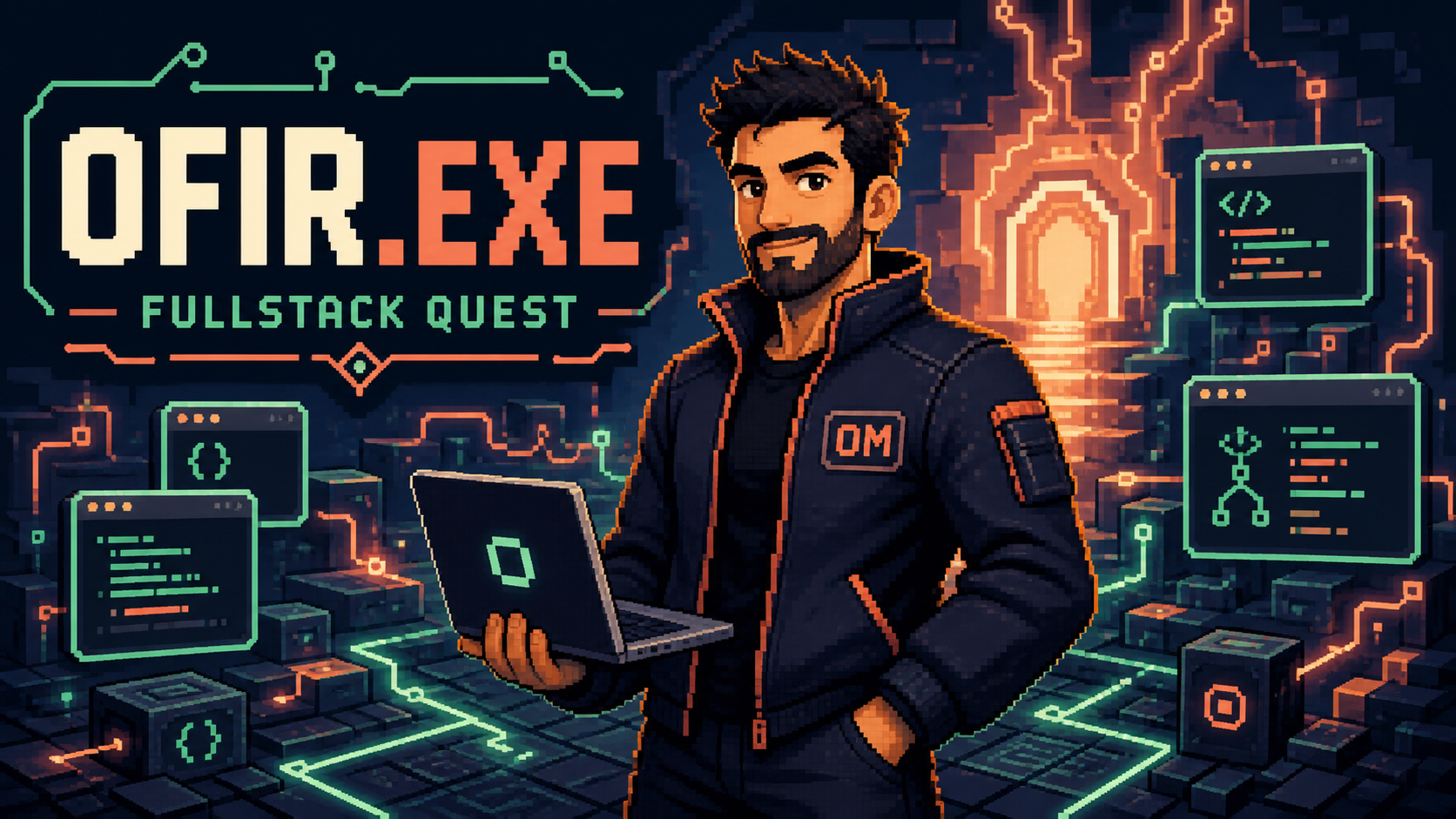 Pixel-art Ofir in a neon fullstack game world